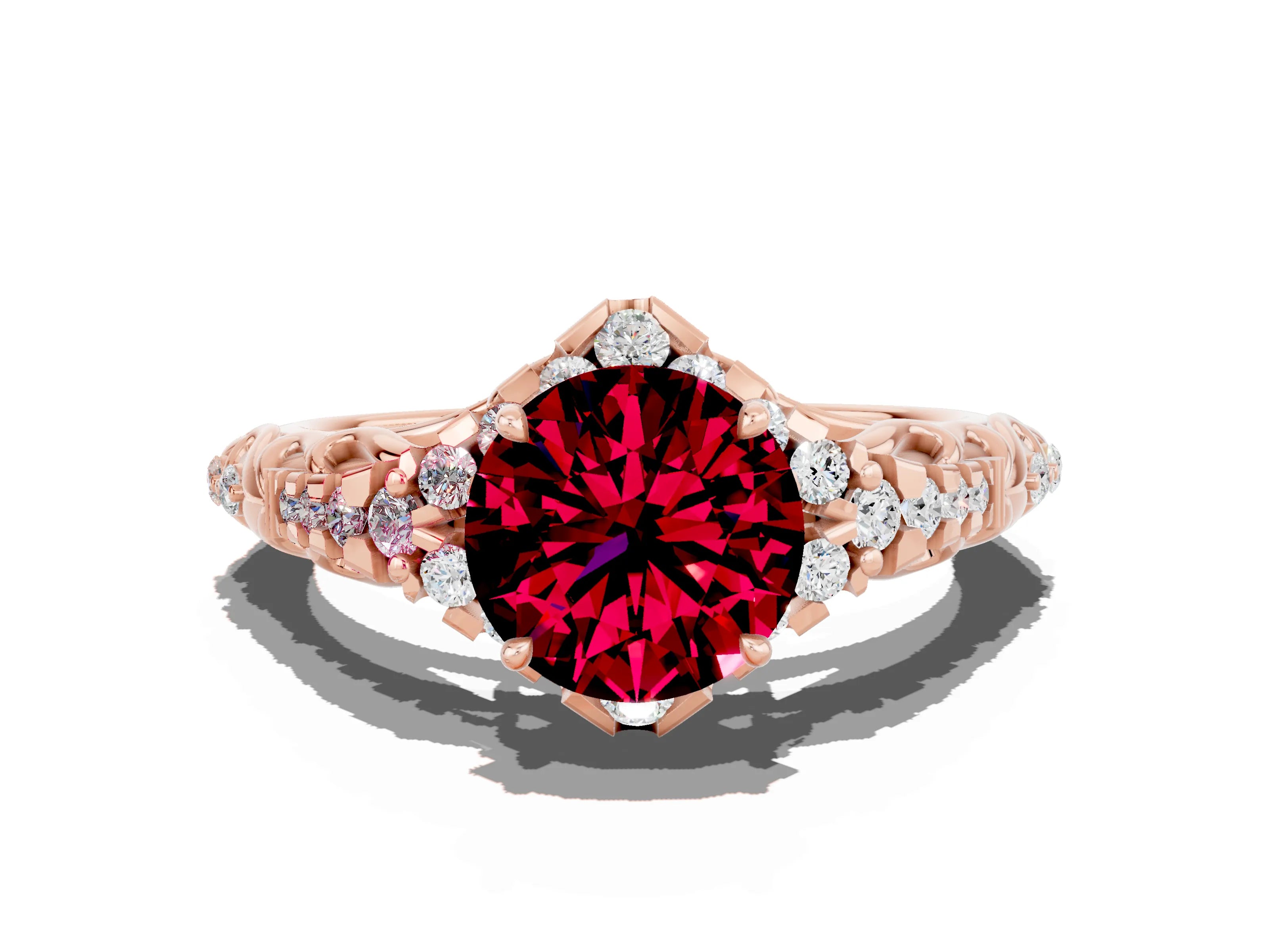 Rose gold Round Cut Garnet Solitaire Ring with Hidden Halo and Pavé Band_24