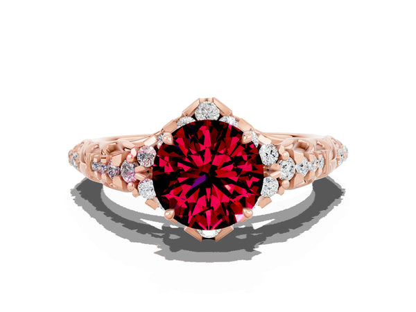 Rose gold Round Cut Garnet Solitaire Ring with Hidden Halo and Pavé Band