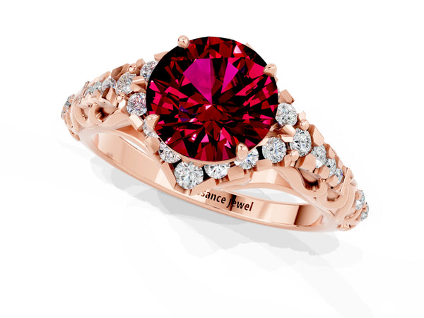 Rose gold Round Cut Garnet Solitaire Ring with Hidden Halo and Pavé Band