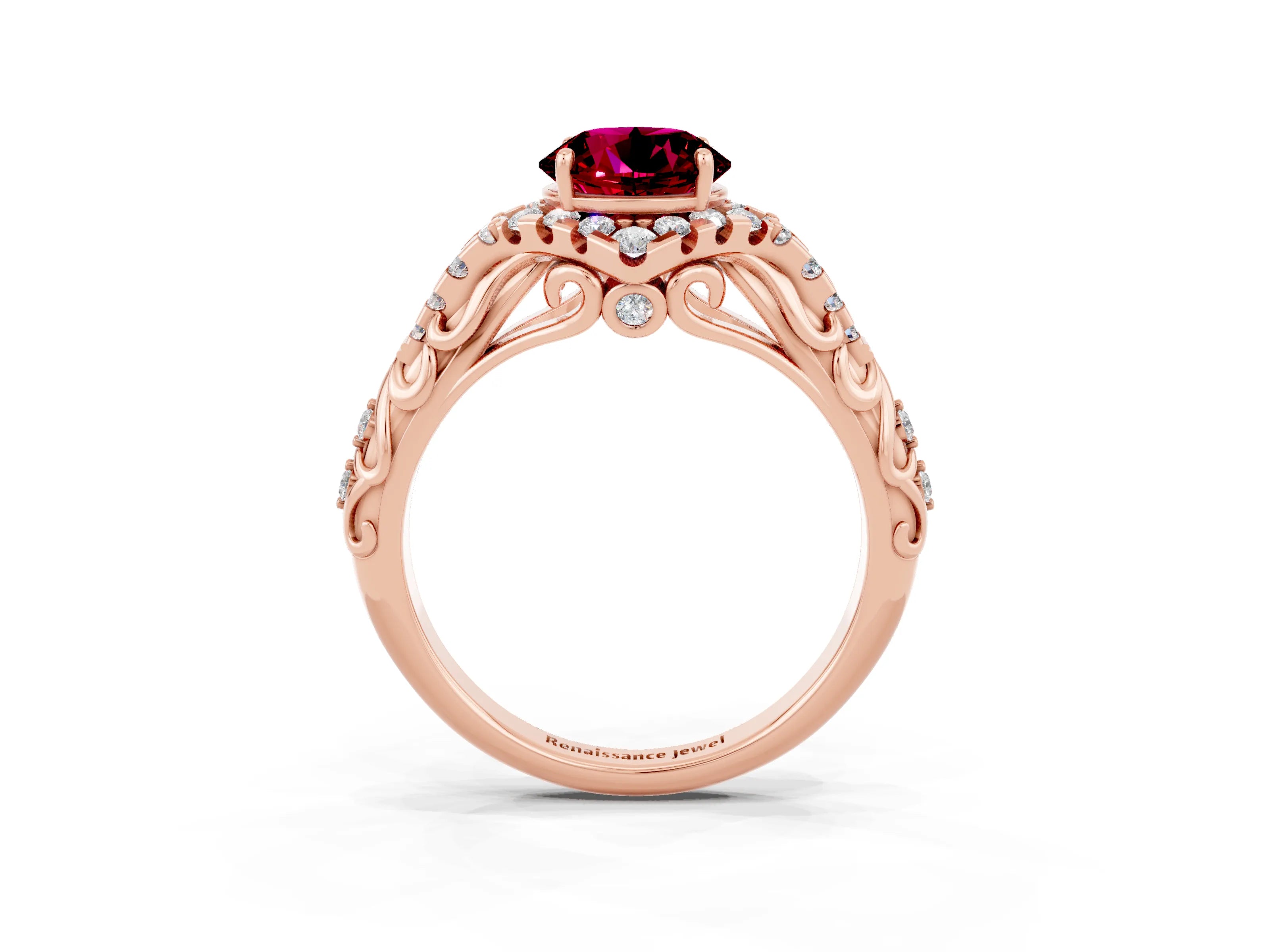 Rose gold Round Cut Garnet Solitaire Ring with Hidden Halo and Pavé Band_27