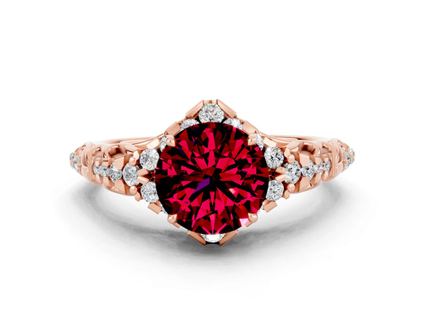 Rose gold Round Cut Garnet Solitaire Ring with Hidden Halo and Pavé Band