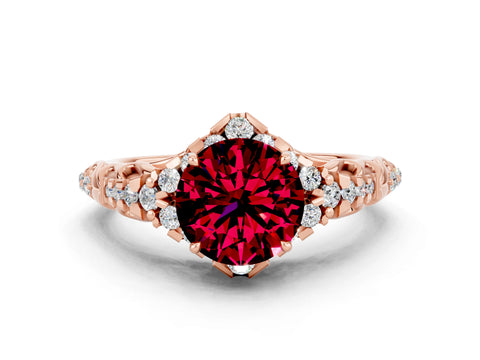 Rose gold Round Cut Garnet Solitaire Ring with Hidden Halo and Pavé Band_36