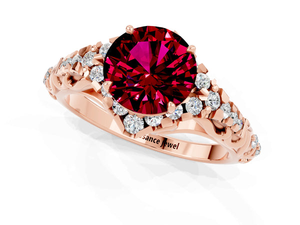 Rose gold Round Cut Garnet Solitaire Ring with Hidden Halo and Pavé Band