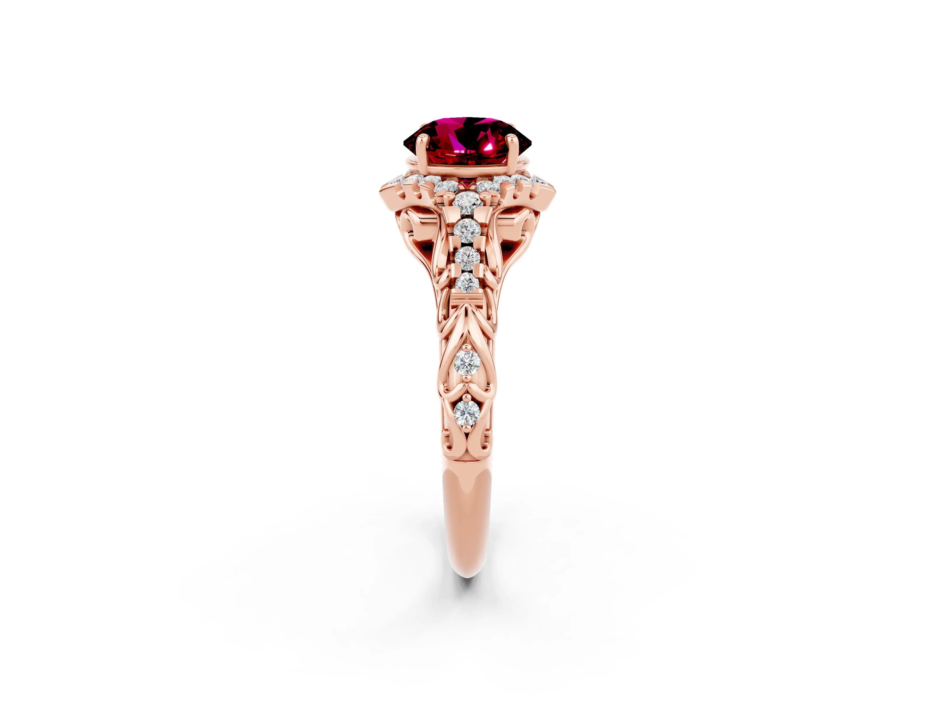 Rose gold Round Cut Garnet Solitaire Ring with Hidden Halo and Pavé Band_38