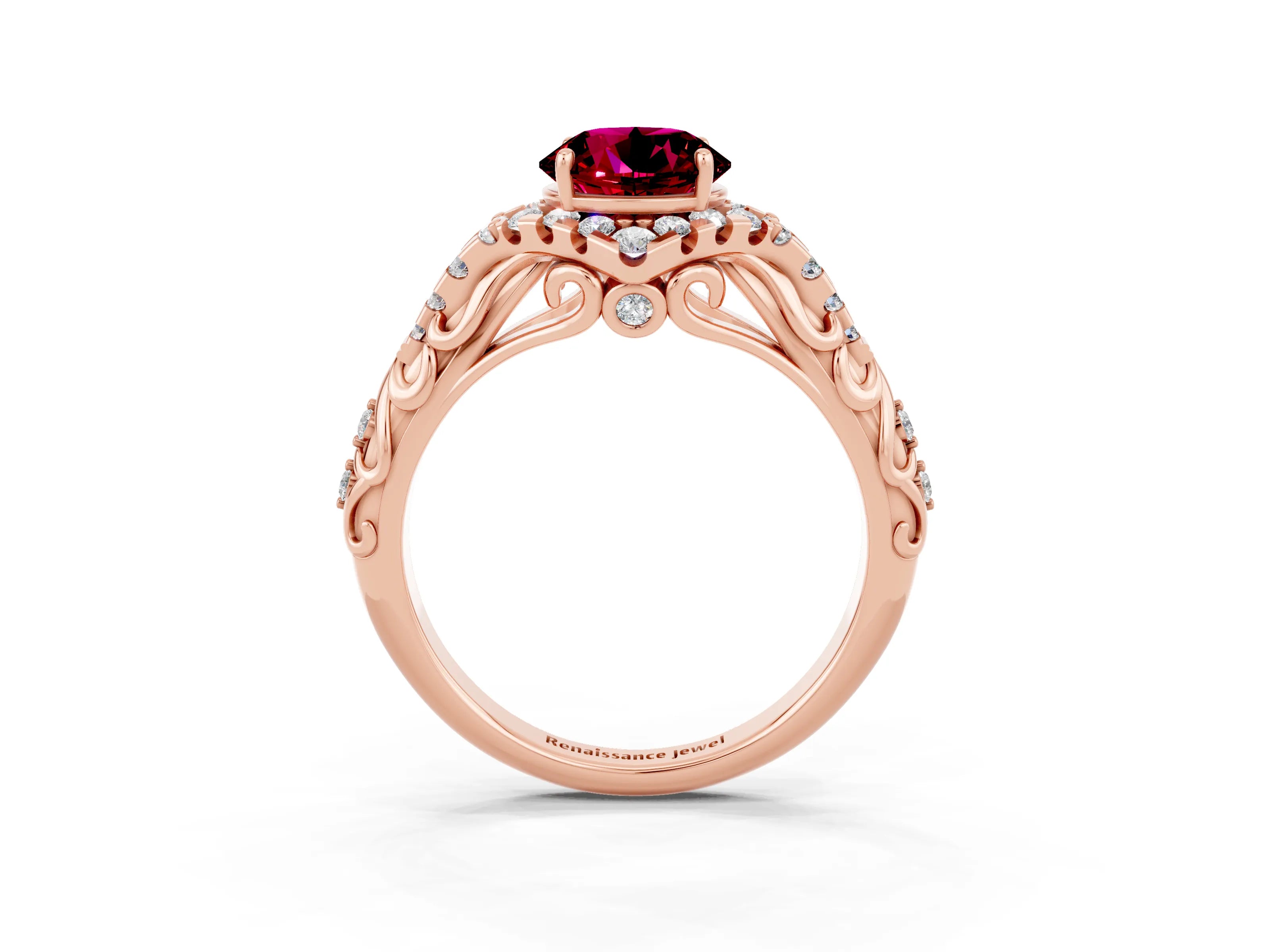 Rose gold Round Cut Garnet Solitaire Ring with Hidden Halo and Pavé Band_39