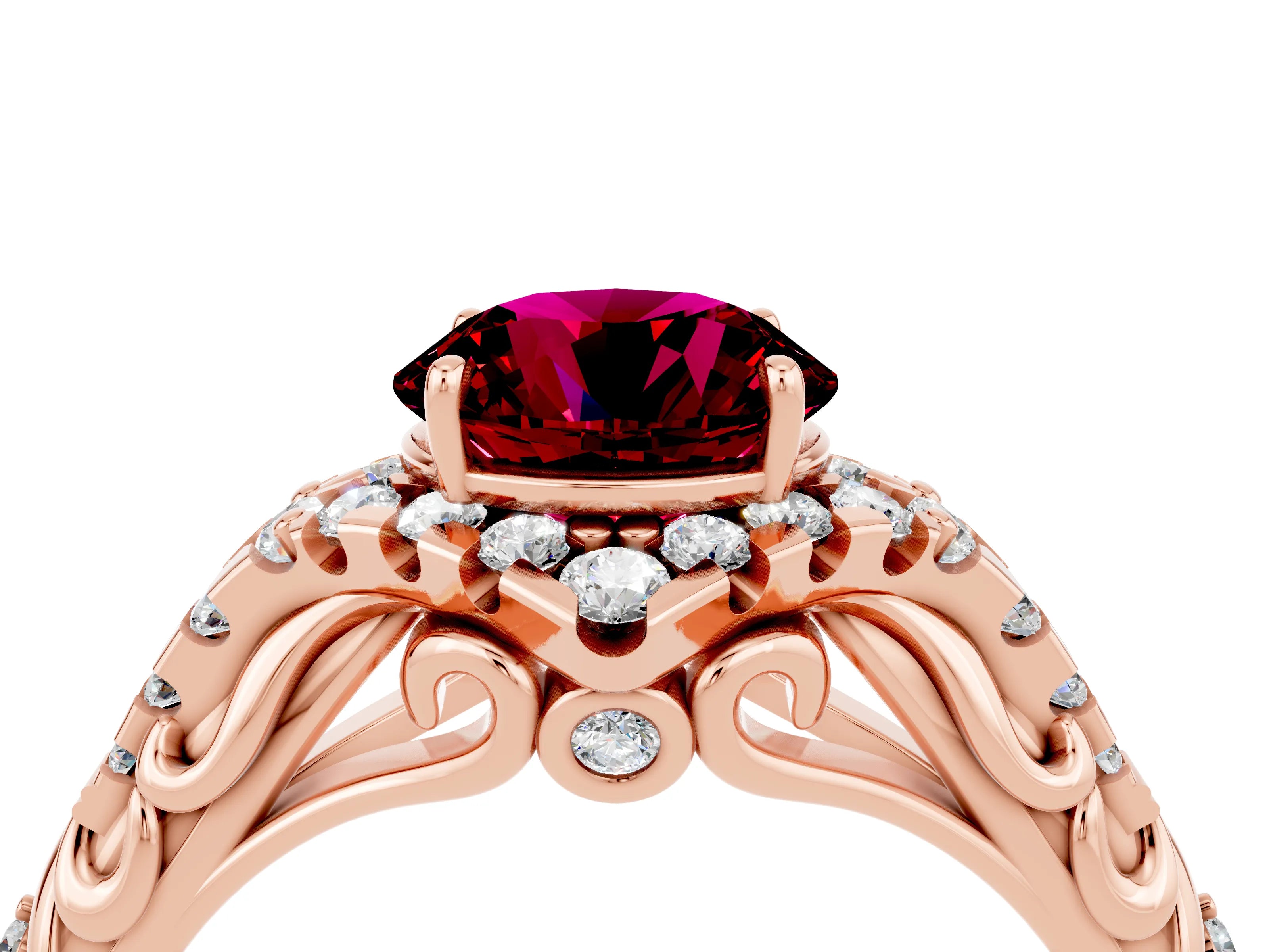 Rose gold Round Cut Garnet Solitaire Ring with Hidden Halo and Pavé Band_40
