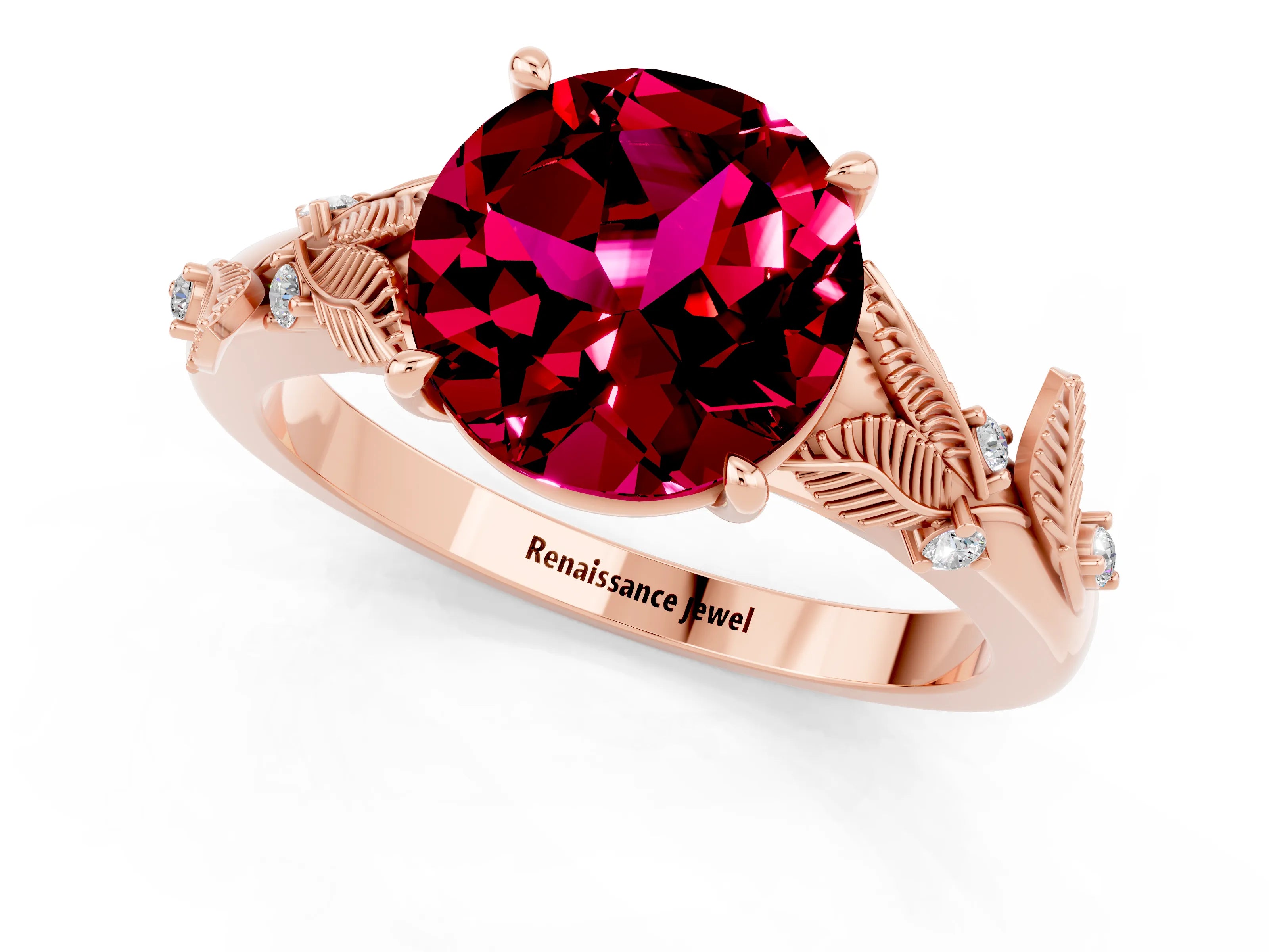 Rose gold Round Cut Garnet Solitaire Ring with Leaf Motif Band and Four-Prong Setting_1