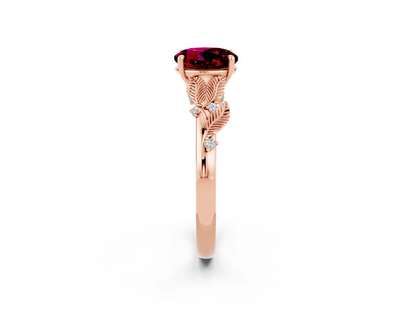 Rose gold Round Cut Garnet Solitaire Ring with Leaf Motif Band and Four-Prong Setting
