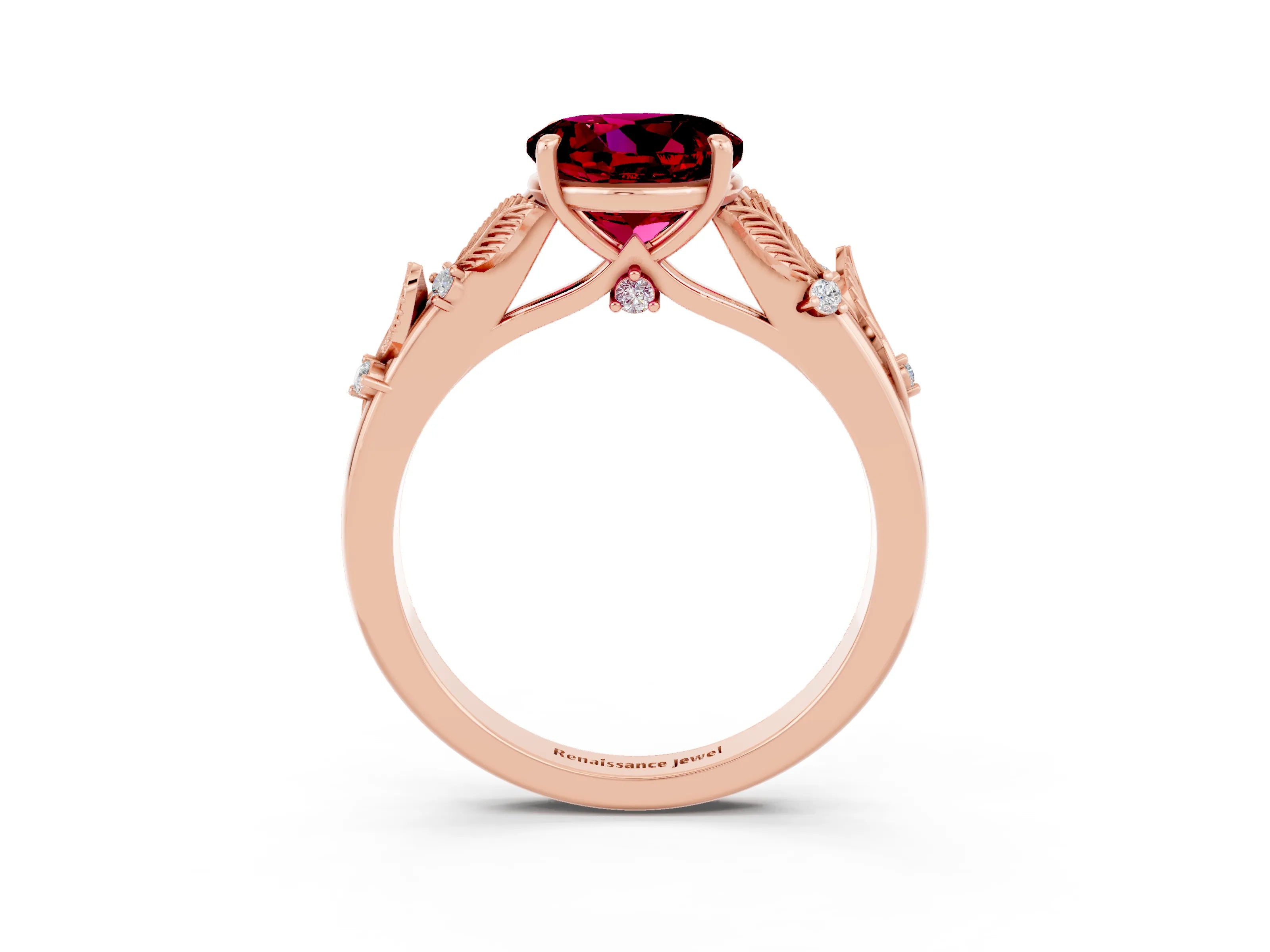 Rose gold Round Cut Garnet Solitaire Ring with Leaf Motif Band and Four-Prong Setting_3