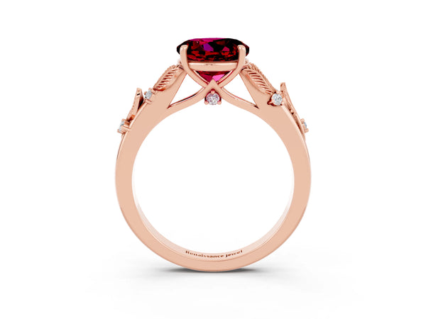 Rose gold Round Cut Garnet Solitaire Ring with Leaf Motif Band and Four-Prong Setting