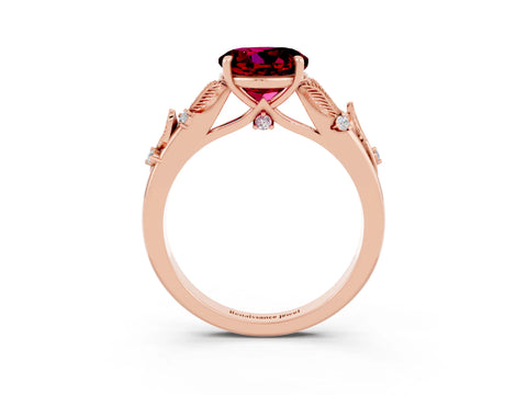Rose gold Round Cut Garnet Solitaire Ring with Leaf Motif Band and Four-Prong Setting_3
