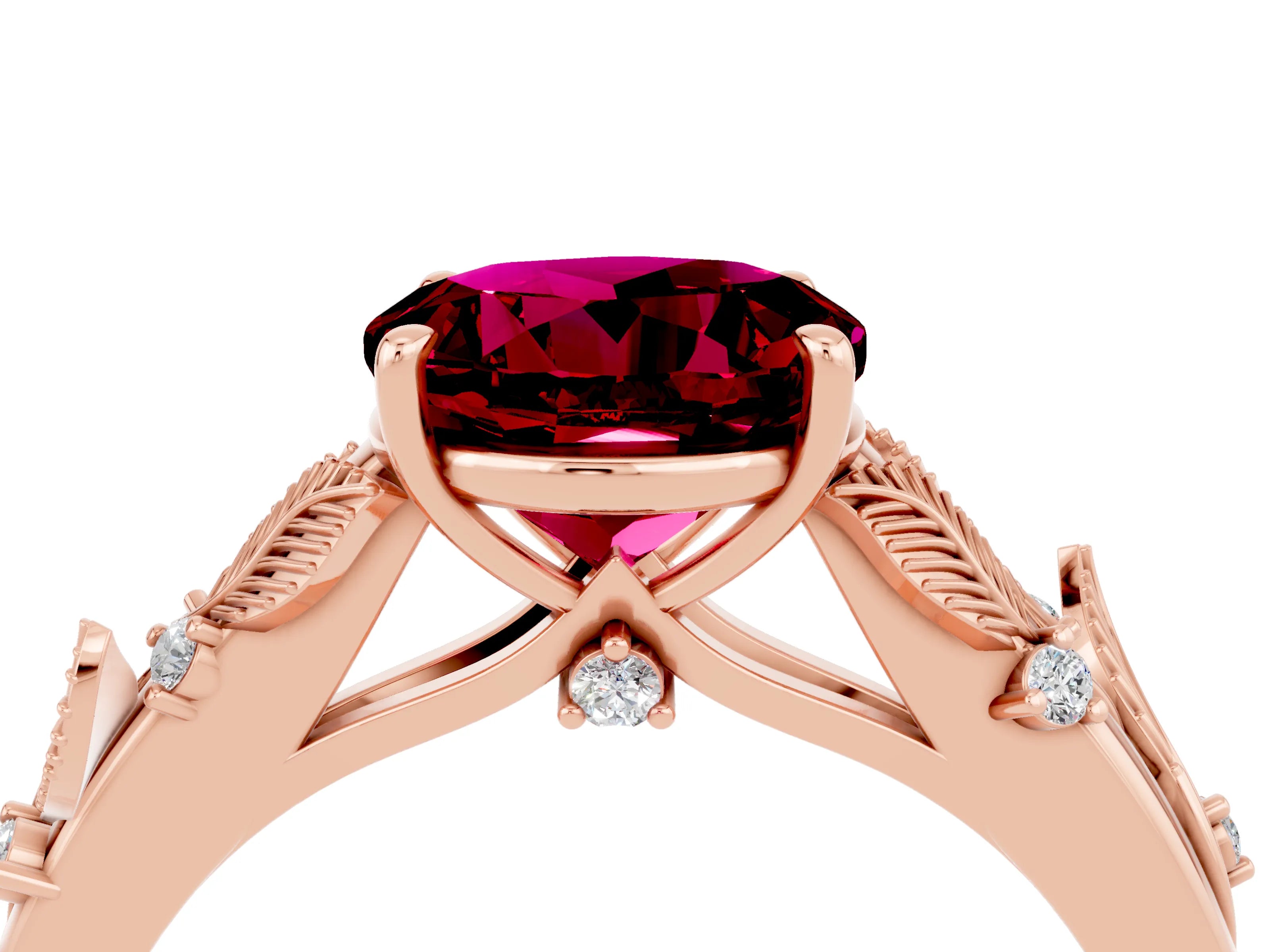Rose gold Round Cut Garnet Solitaire Ring with Leaf Motif Band and Four-Prong Setting_4
