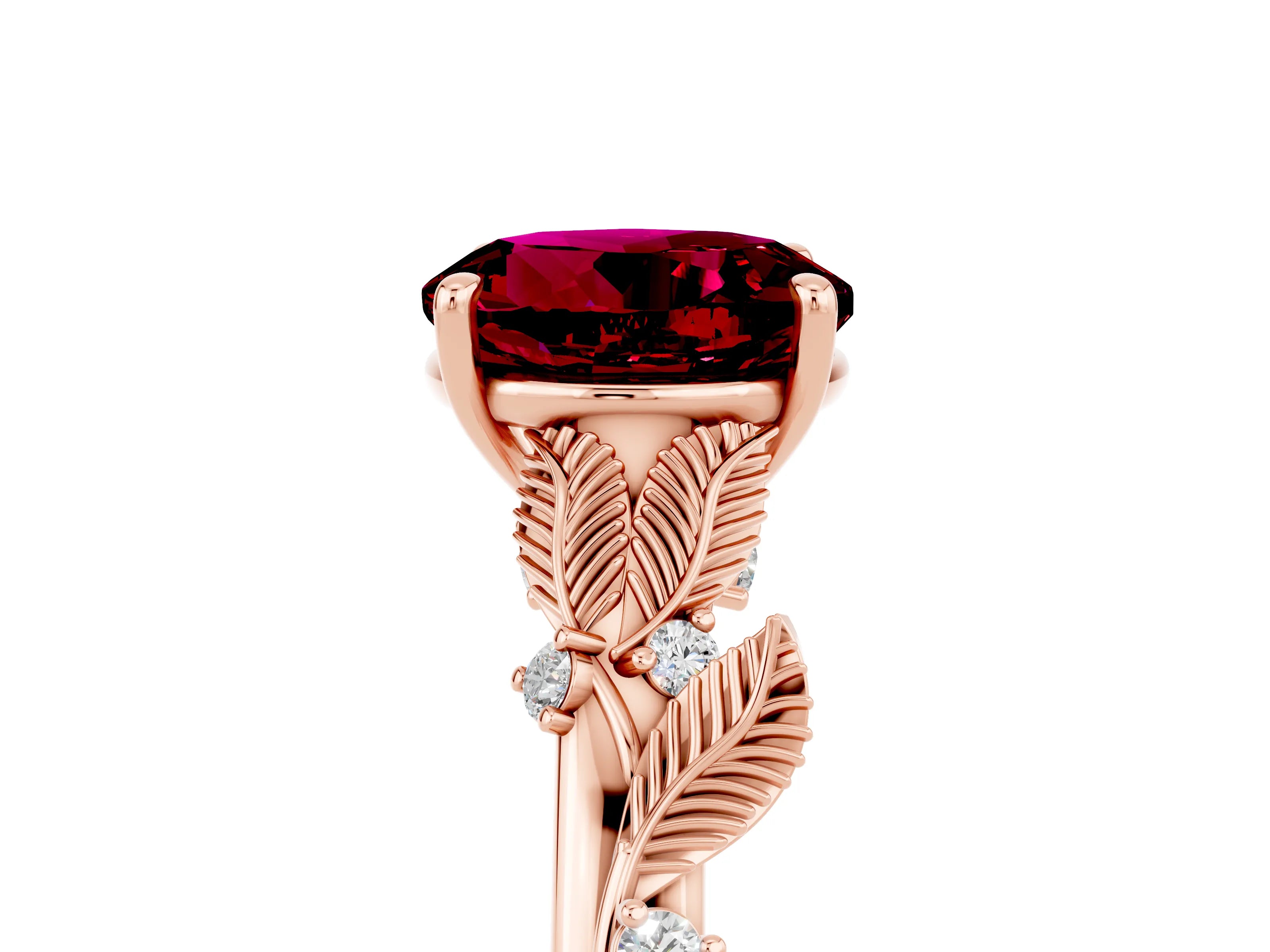 Rose gold Round Cut Garnet Solitaire Ring with Leaf Motif Band and Four-Prong Setting_5