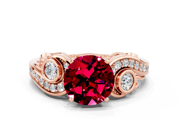 Rose gold Round Cut Garnet Solitaire Ring with Milgrain Pavé Band and Four-Prong Setting