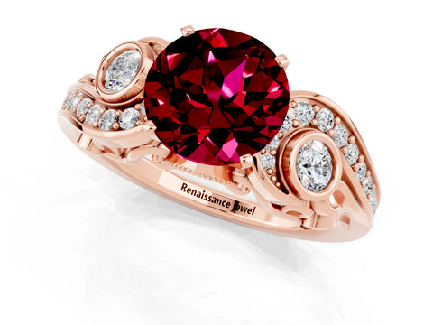 Rose gold Round Cut Garnet Solitaire Ring with Milgrain Pavé Band and Four-Prong Setting_25