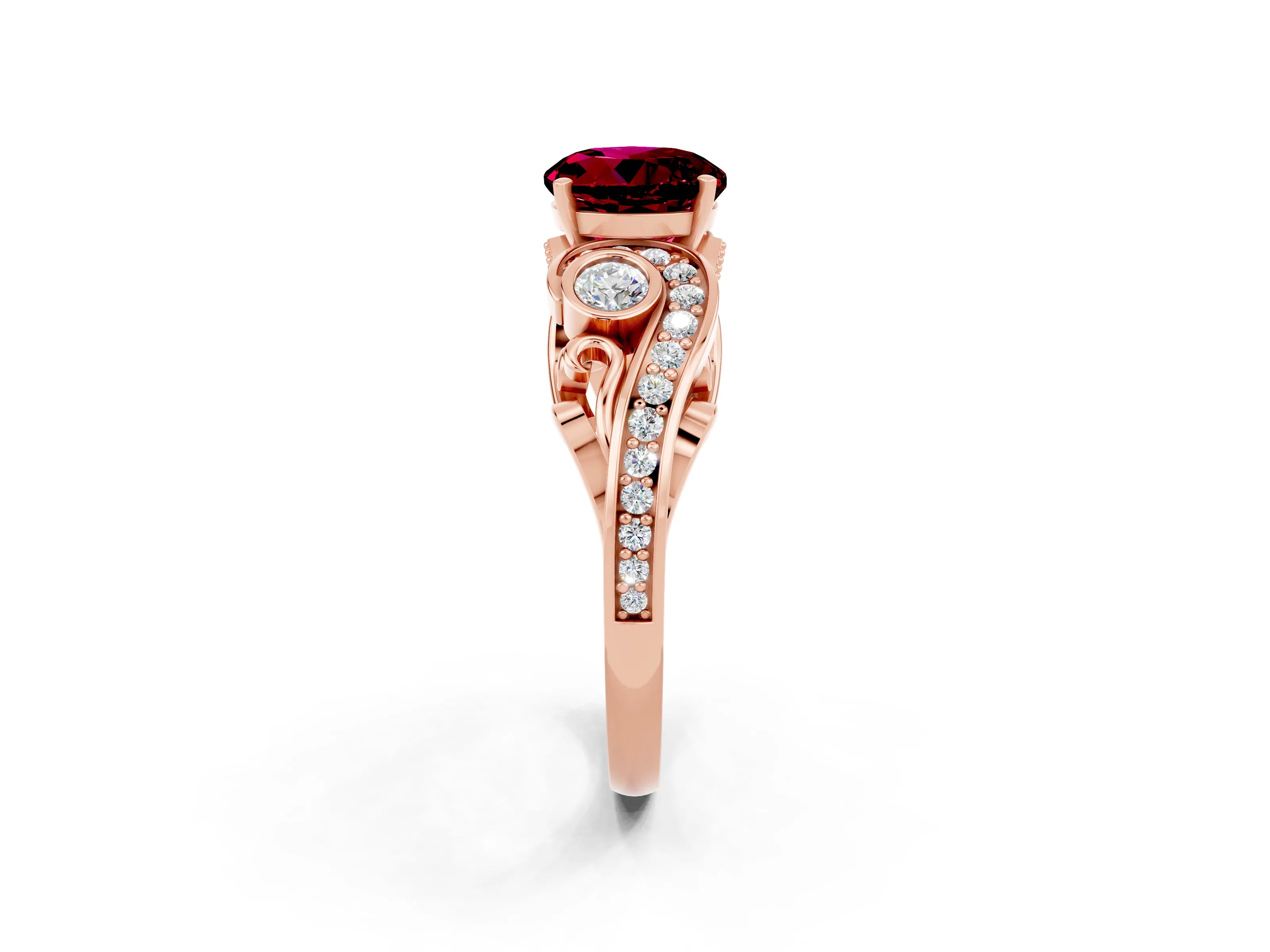Rose gold Round Cut Garnet Solitaire Ring with Milgrain Pavé Band and Four-Prong Setting_26