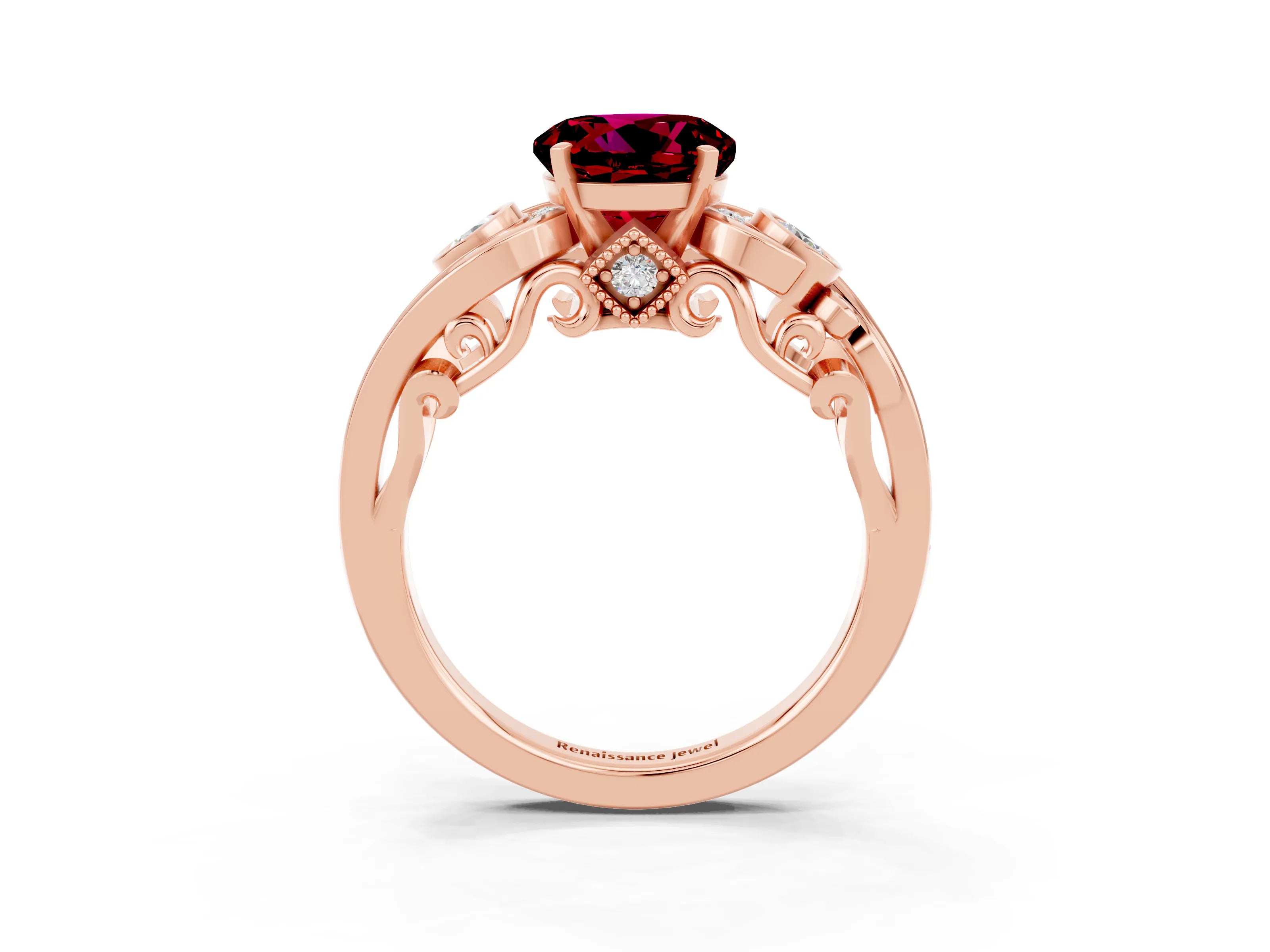 Rose gold Round Cut Garnet Solitaire Ring with Milgrain Pavé Band and Four-Prong Setting_27