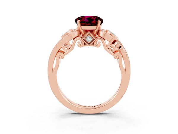 Rose gold Round Cut Garnet Solitaire Ring with Milgrain Pavé Band and Four-Prong Setting
