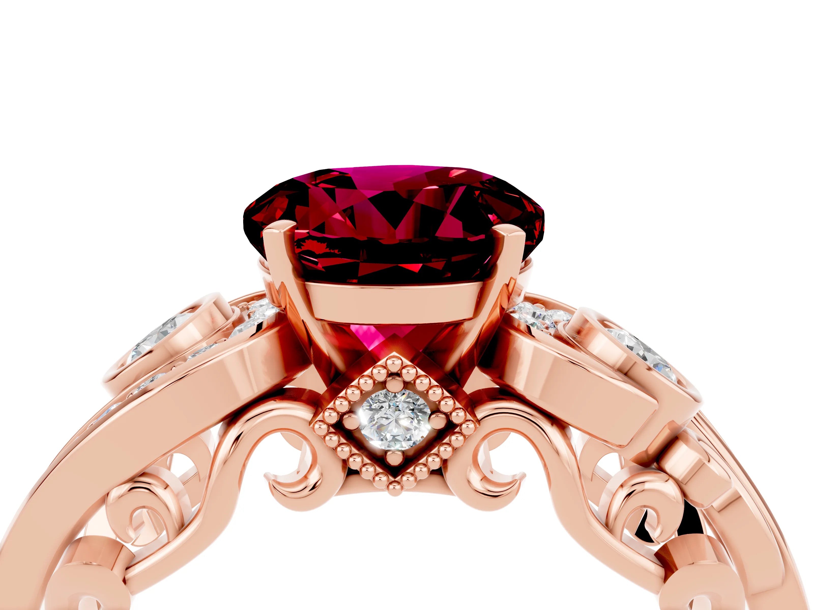 Rose gold Round Cut Garnet Solitaire Ring with Milgrain Pavé Band and Four-Prong Setting_28