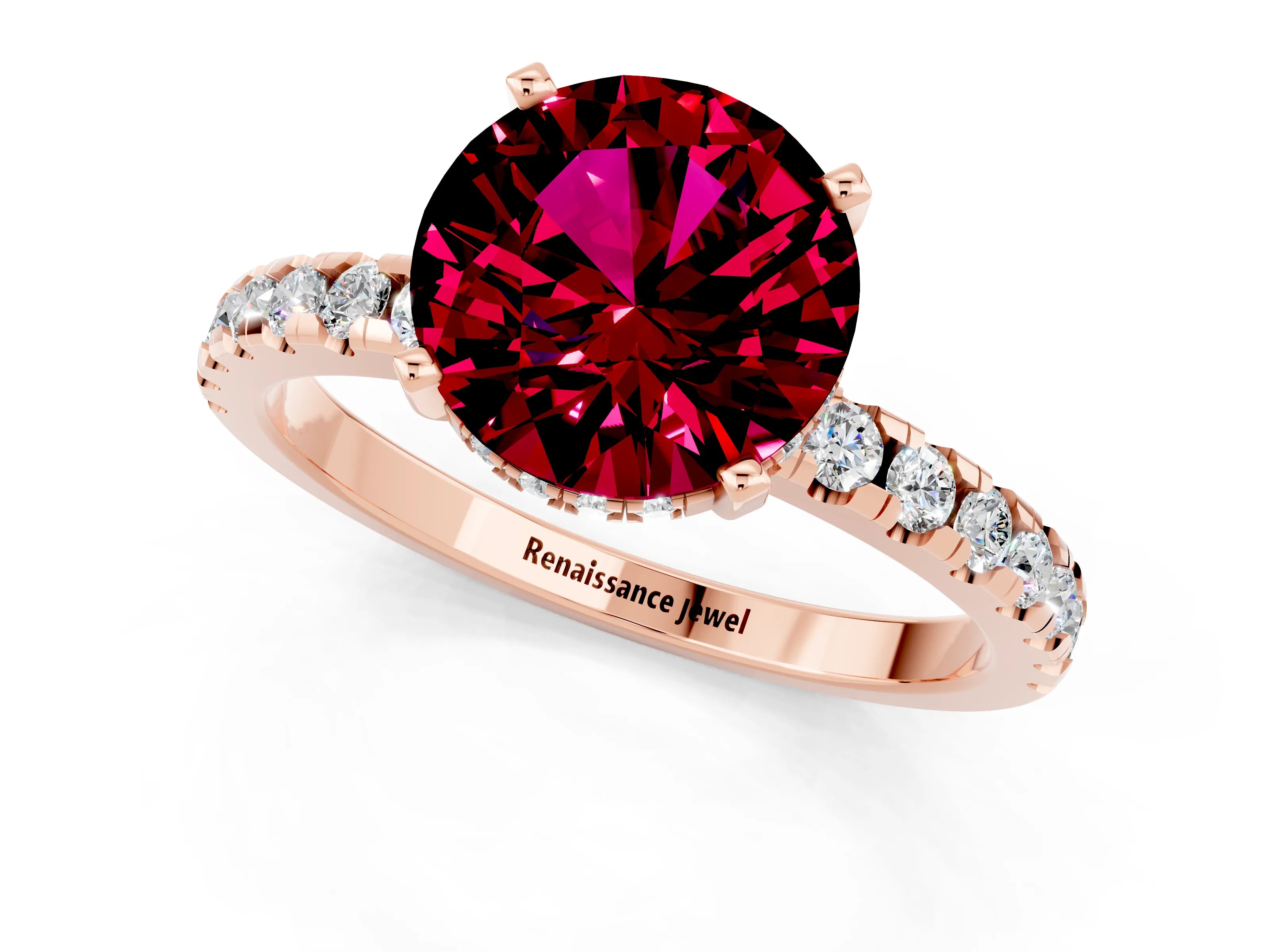 Rose gold Round Cut Garnet Solitaire Ring with Pavé Band and Four-Prong Setting_25