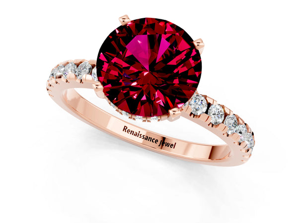 Rose gold Round Cut Garnet Solitaire Ring with Round  Pavé Band and Four-Prong Setting