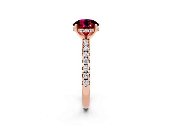 Rose gold Round Cut Garnet Solitaire Ring with Round  Pavé Band and Four-Prong Setting