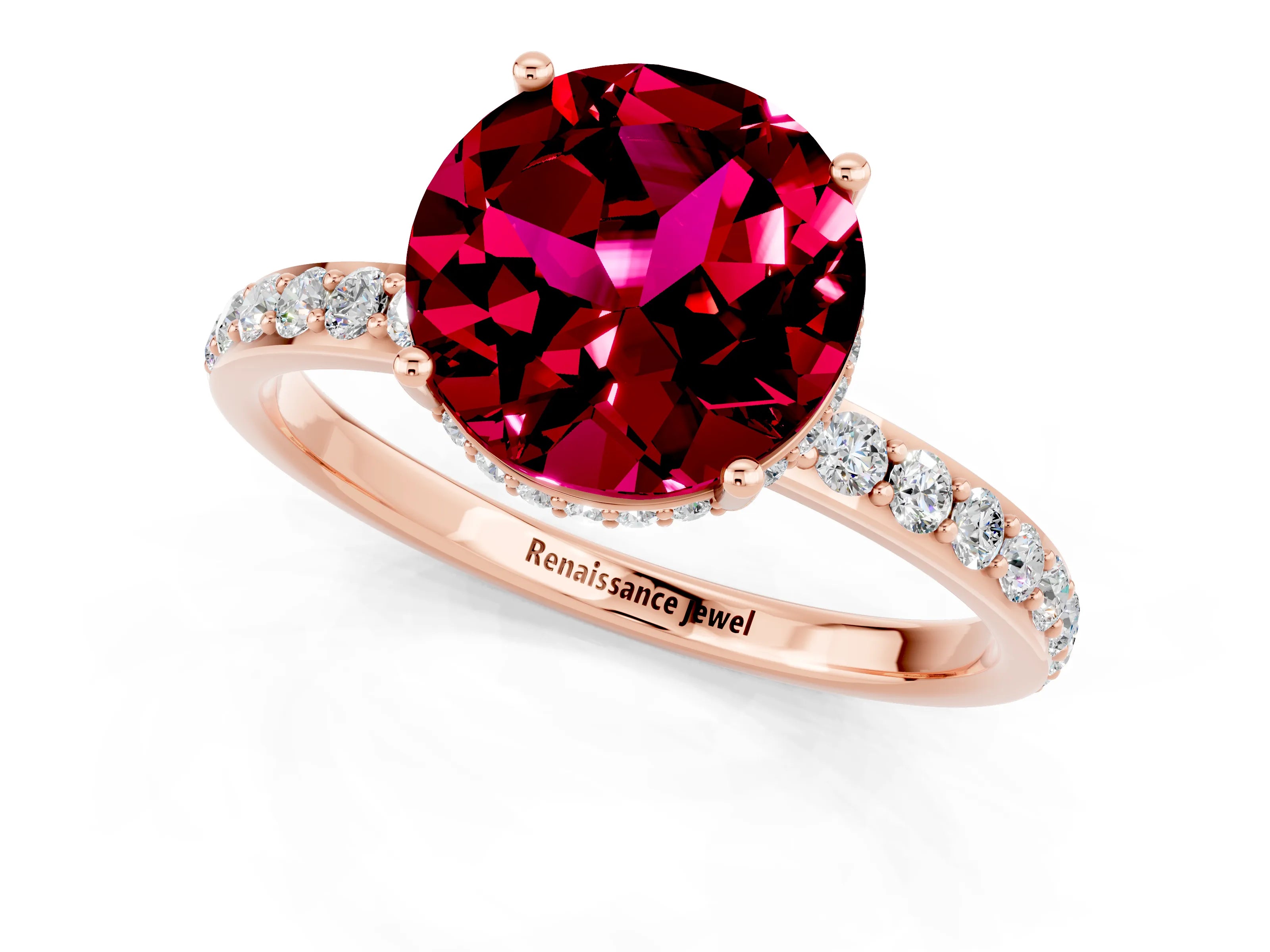 Rose gold Round Cut Garnet Solitaire Ring with Pavé Band and Hidden Halo_13