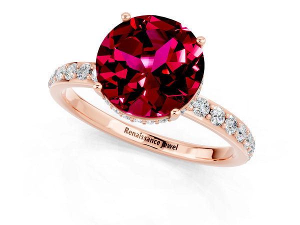 Rose gold Round Cut Garnet Solitaire Ring with Pavé Band and Hidden Halo