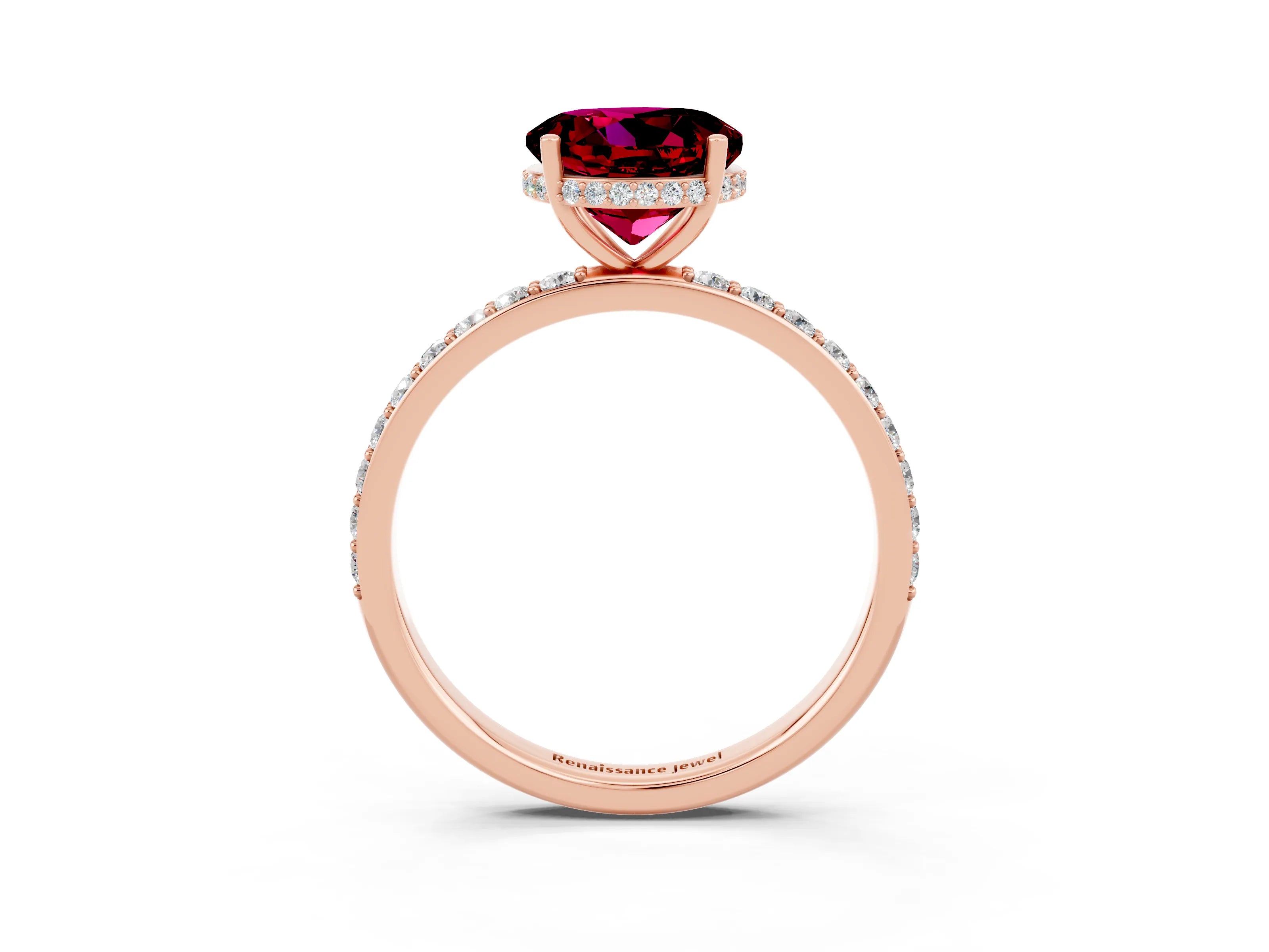 Rose gold Round Cut Garnet Solitaire Ring with Pavé Band and Hidden Halo_15