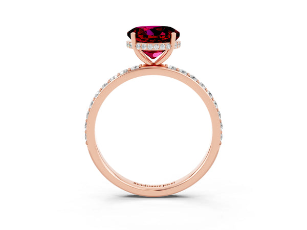 Rose gold Round Cut Garnet Solitaire Ring with Pavé Band and Hidden Halo