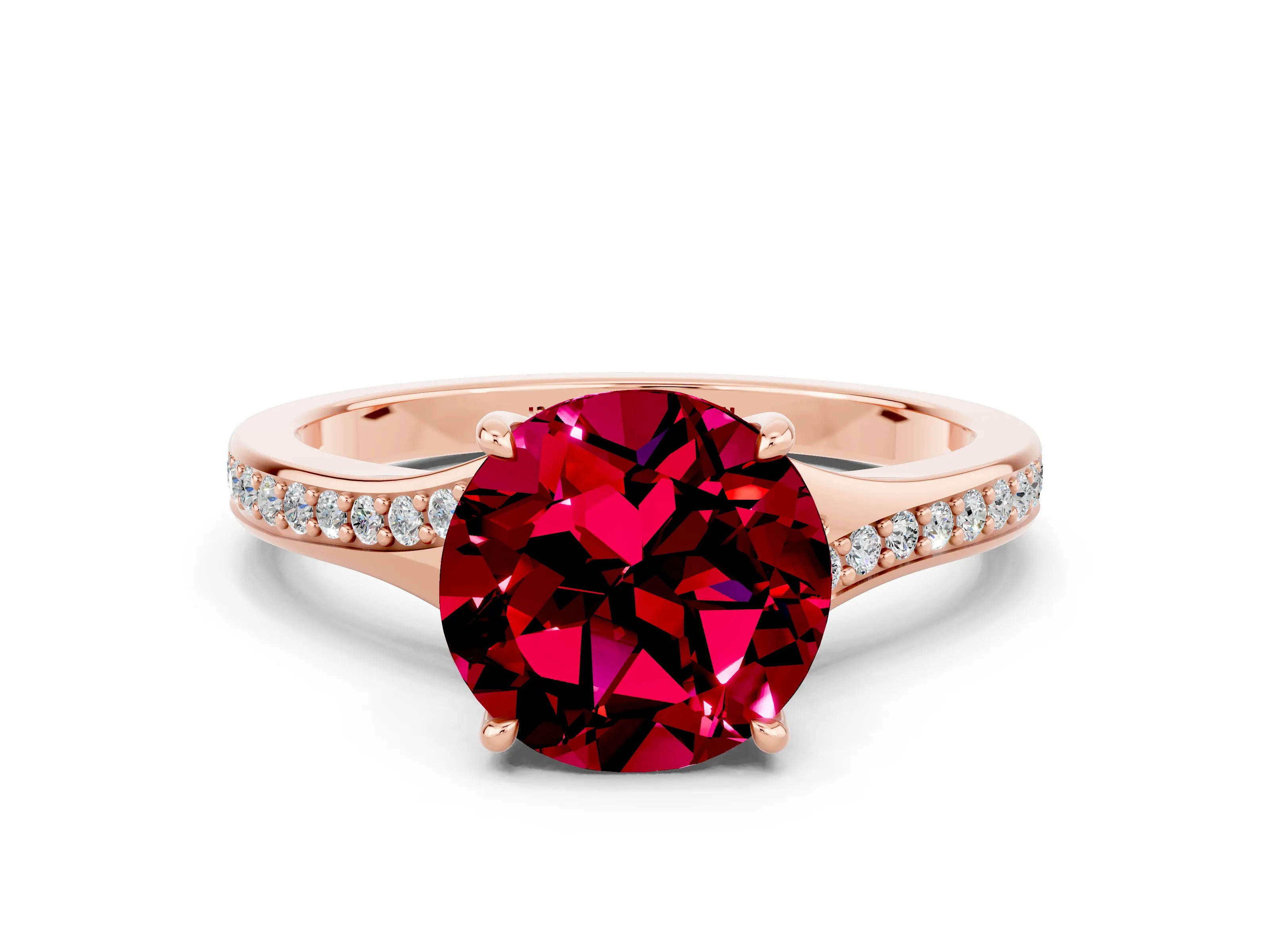 Rose gold Round Cut Garnet Solitaire Ring with Pavé Band and Prong Setting