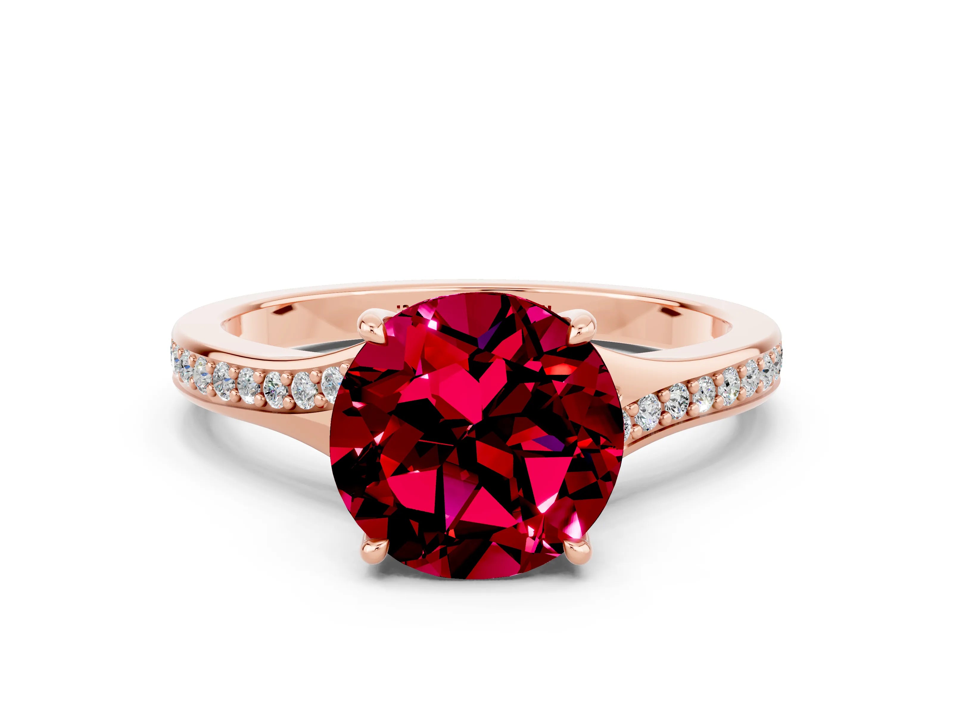 Rose gold Round Cut Garnet Solitaire Ring with Pavé Band and Prong Setting_12