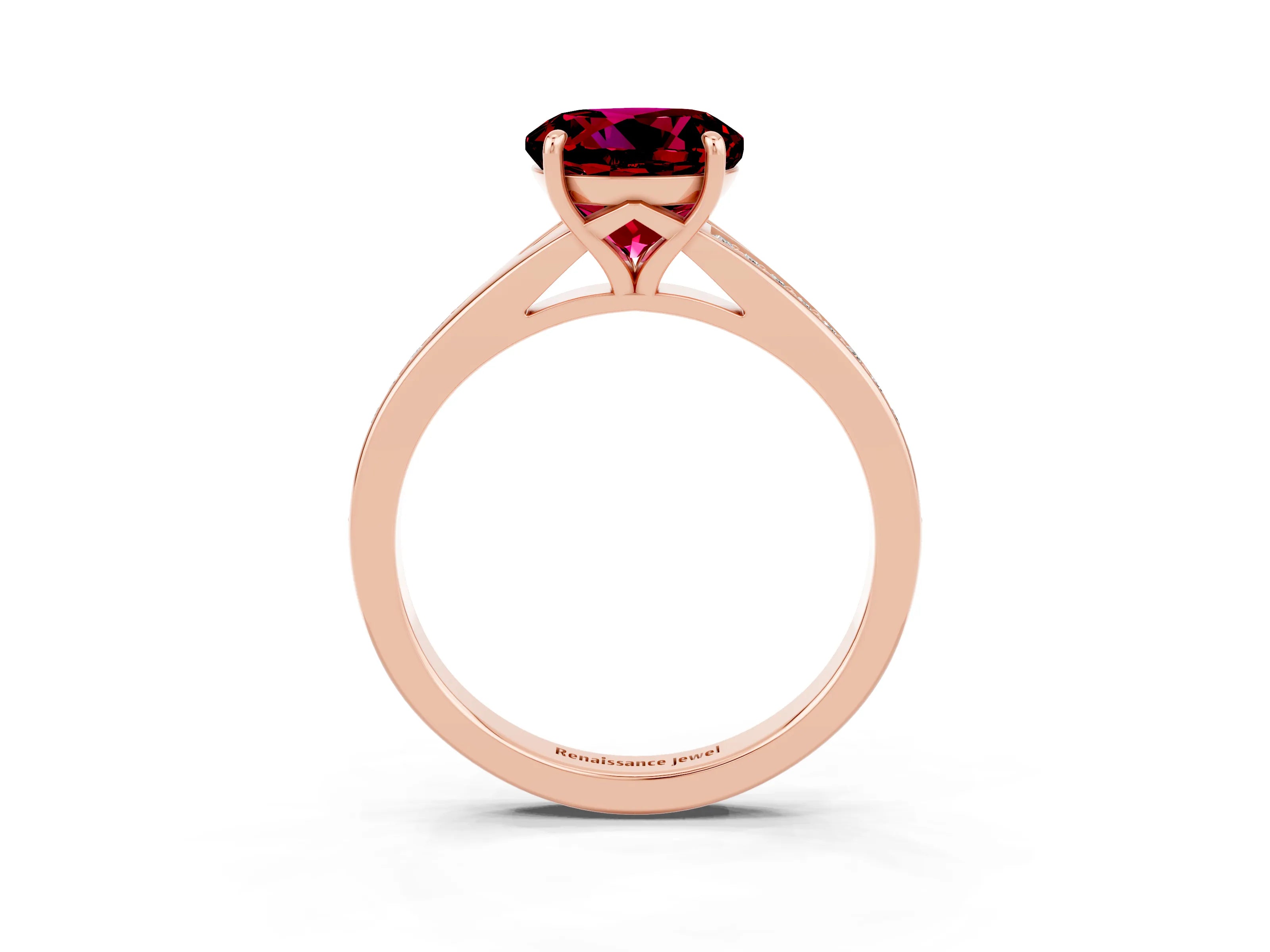 Rose gold Round Cut Garnet Solitaire Ring with Pavé Band and Prong Setting_15