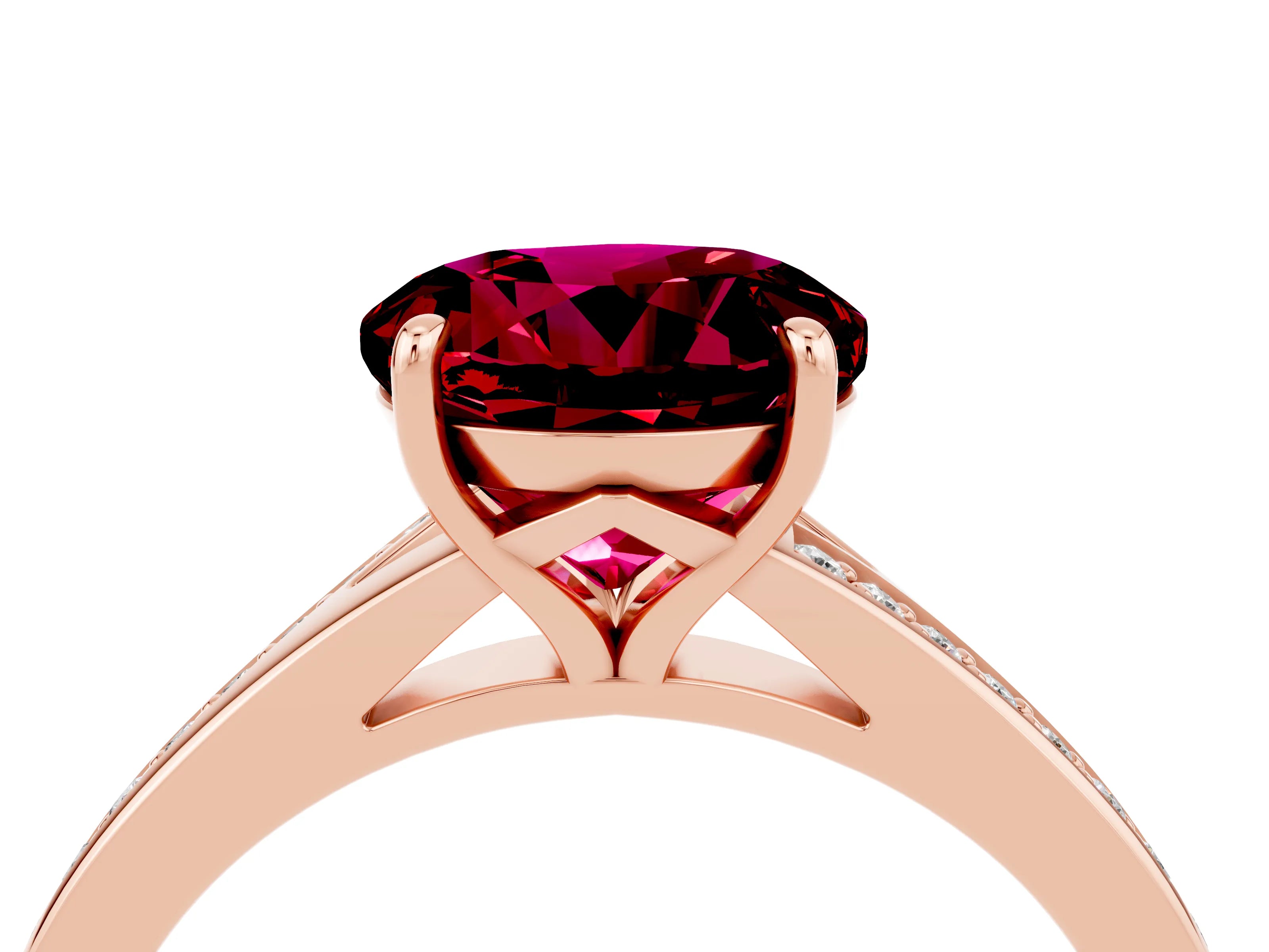Rose gold Round Cut Garnet Solitaire Ring with Pavé Band and Prong Setting_16