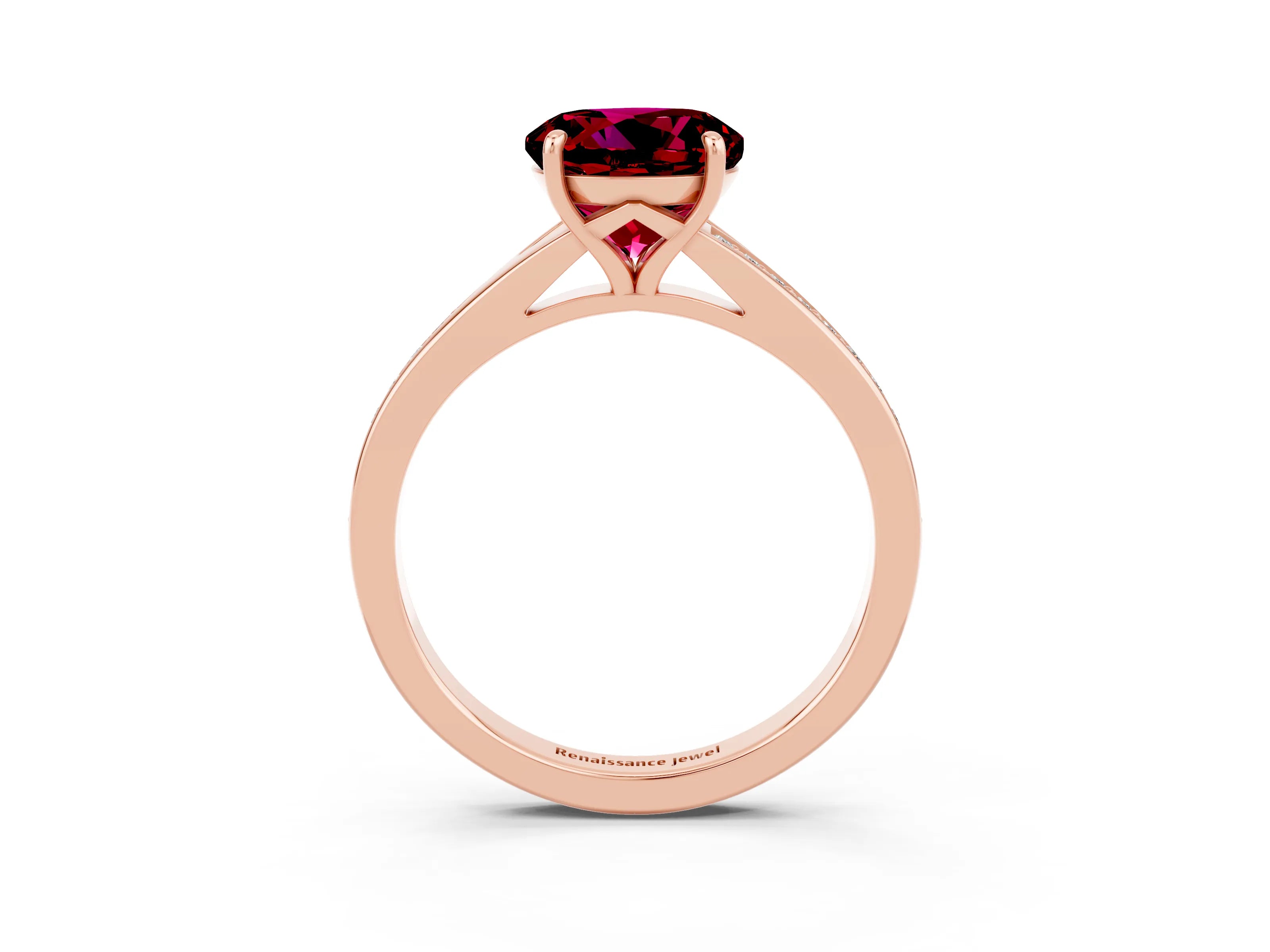Rose gold Round Cut Garnet Solitaire Ring with Pavé Band and Prong Setting_3