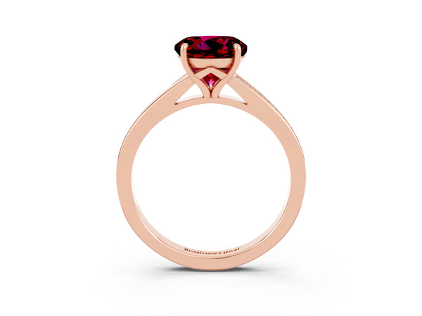 Rose gold Round Cut Garnet Solitaire Ring with Pavé Band and Prong Setting