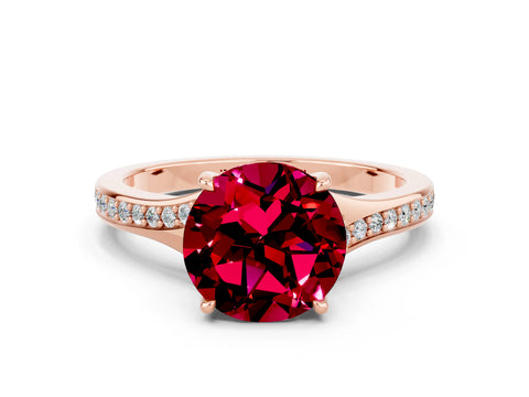 Rose gold Round Cut Garnet Solitaire Ring with Pavé Band and Prong Setting