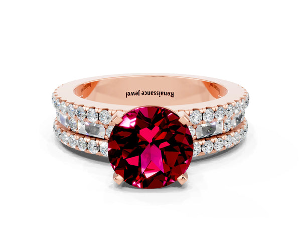 Rose gold Round Cut Garnet Solitaire Ring with Pavé and Channel Set Band