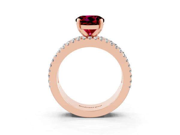 Rose gold Round Cut Garnet Solitaire Ring with Pavé and Channel Set Band