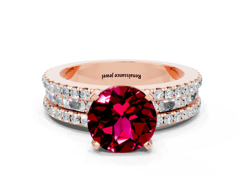 Rose gold Round Cut Garnet Solitaire Ring with Pavé and Channel Set Band