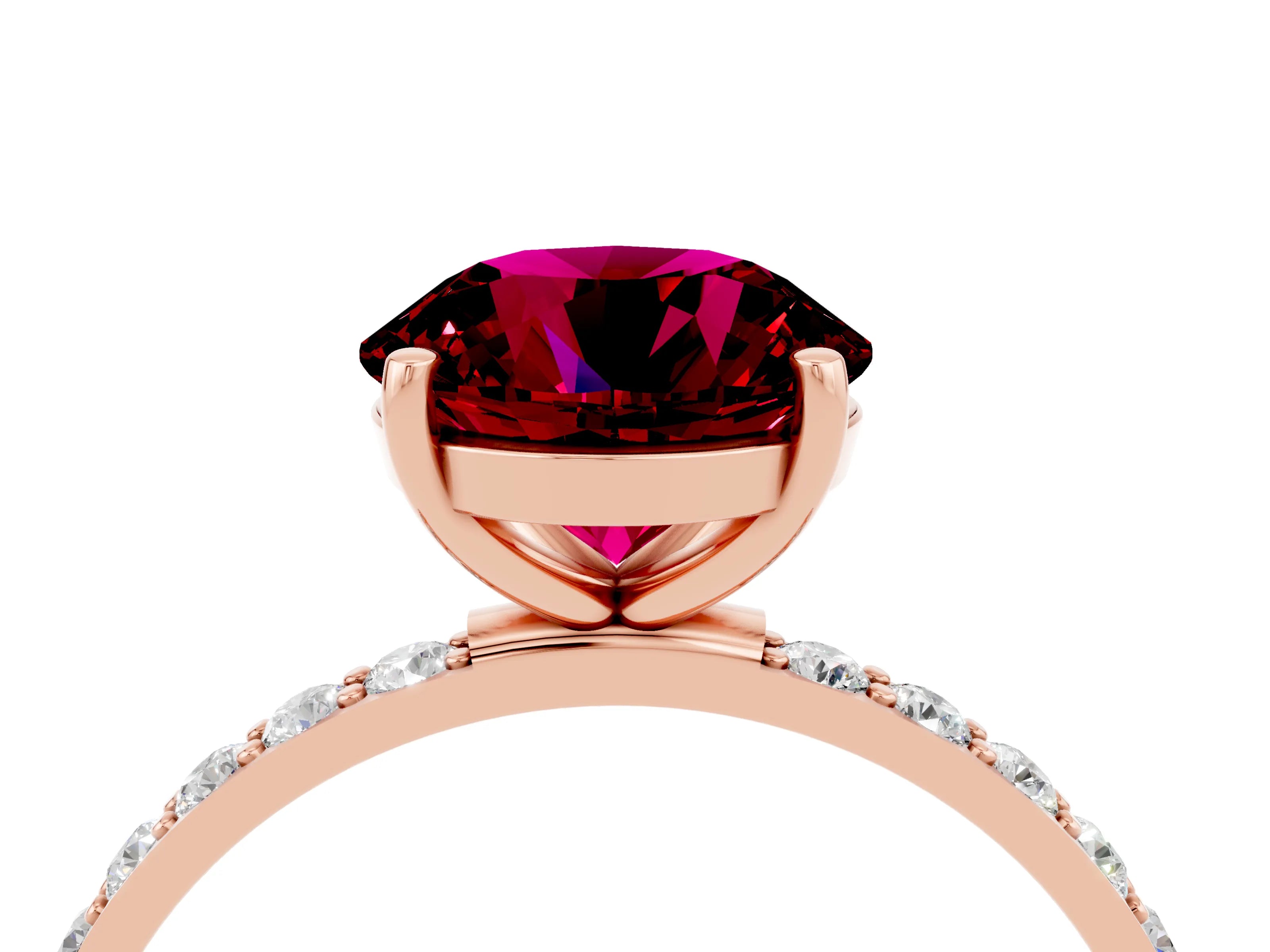 Rose gold Round Cut Garnet Solitaire Ring with Pave Band and Four Prong Setting_16