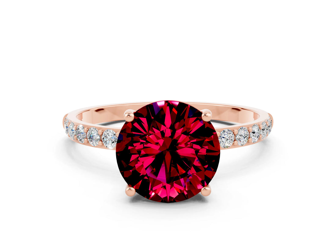 Rose gold Round Cut Garnet Solitaire Ring with Pave Band and Four Prong Setting_24