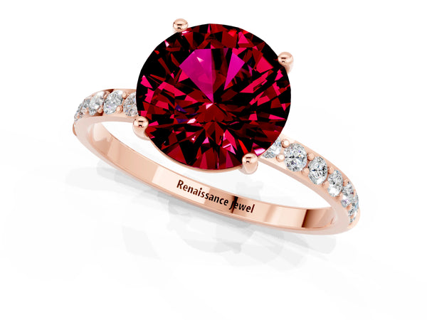 Rose gold Round Cut Garnet Solitaire Ring with Round  Pavé Band and Prong Setting