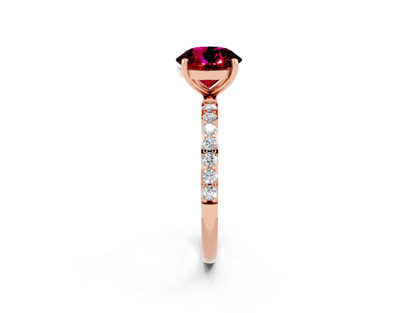 Rose gold Round Cut Garnet Solitaire Ring with Round  Pavé Band and Prong Setting