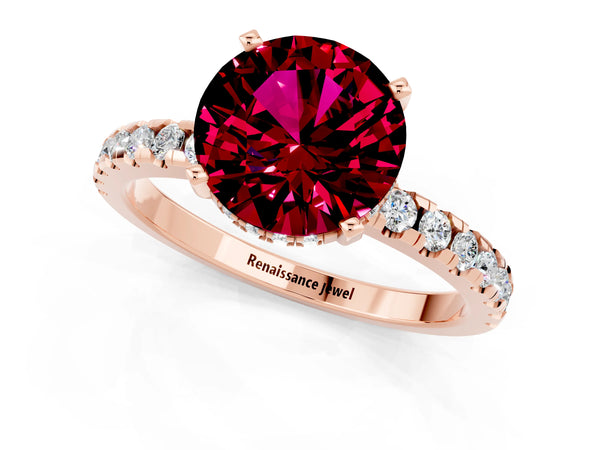 Rose gold Round Cut Garnet Solitaire Ring with Round Pavé Band and Four-Prong Setting