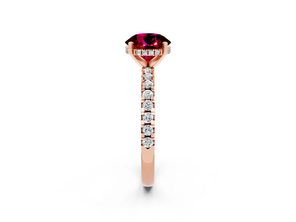 Rose gold Round Cut Garnet Solitaire Ring with Round Pavé Band and Four-Prong Setting
