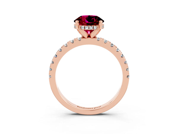 Rose gold Round Cut Garnet Solitaire Ring with Round Pavé Band and Four-Prong Setting
