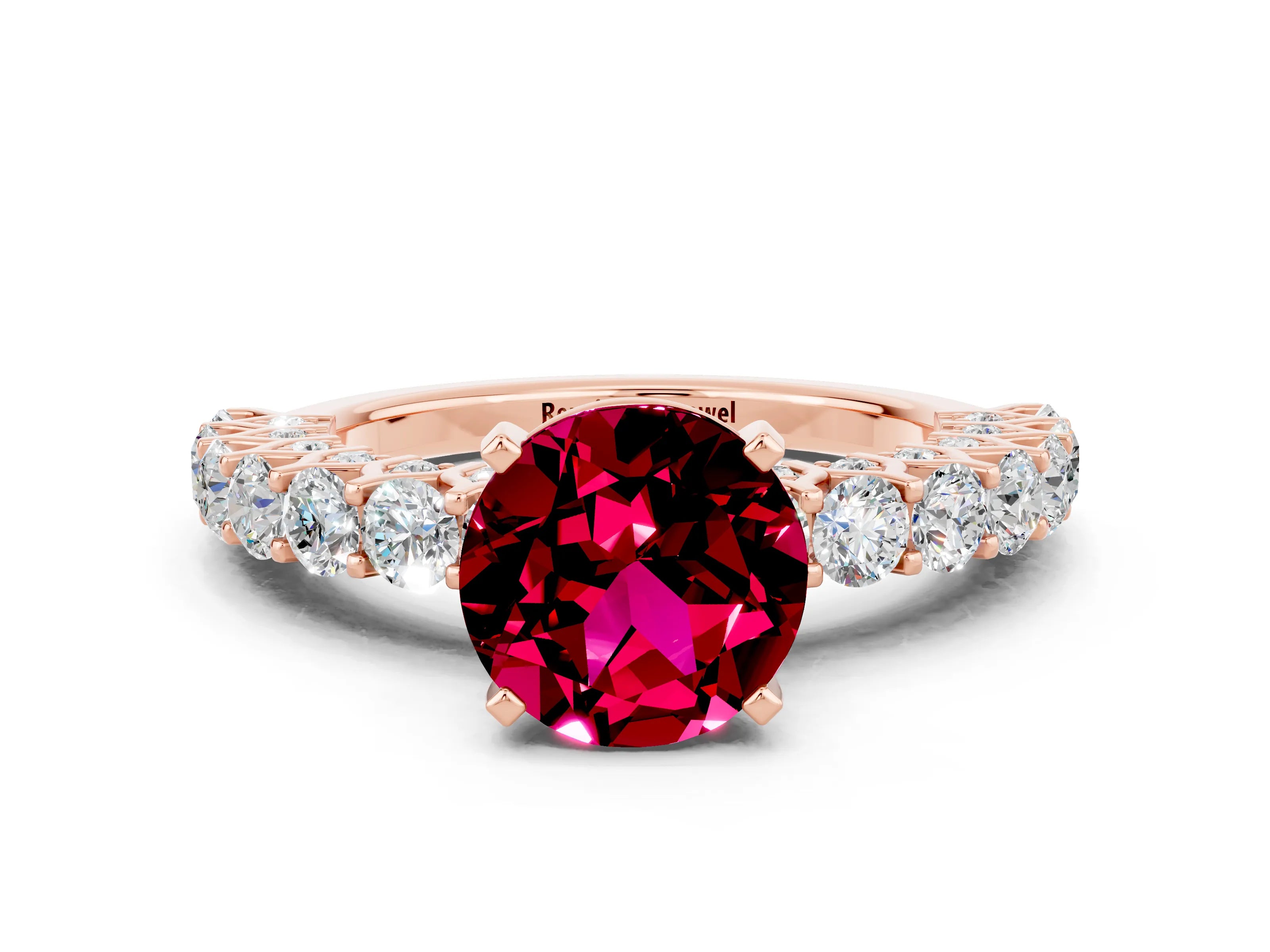 Rose gold Round Cut Garnet Solitaire Ring with Shared Prong Pavé Band and Four-Prong Setting