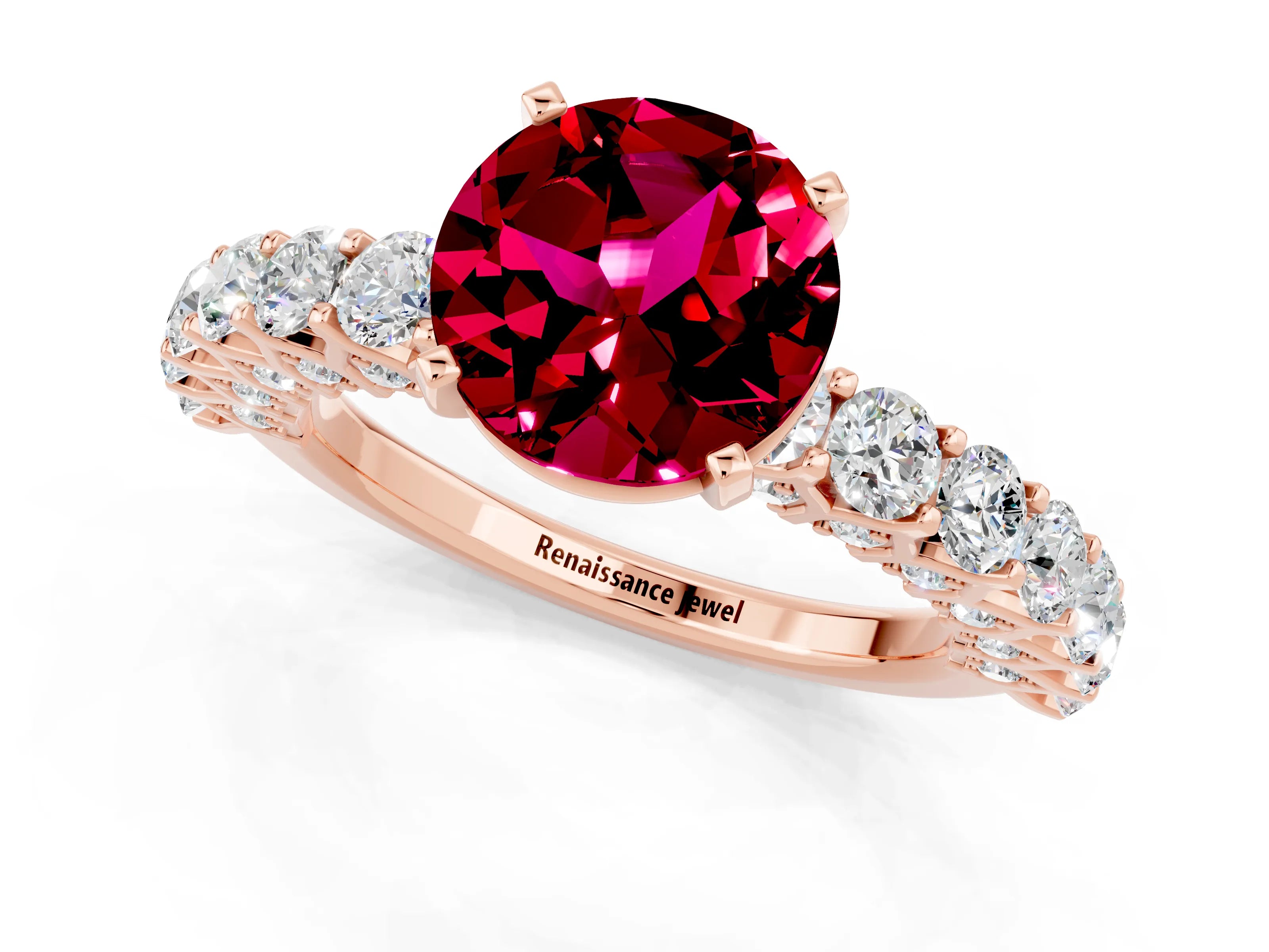 Rose gold Round Cut Garnet Solitaire Ring with Shared Prong Pavé Band and Four-Prong Setting_1