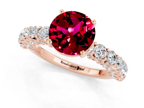 Rose gold Round Cut Garnet Solitaire Ring with Shared Prong Pavé Band and Four-Prong Setting_1